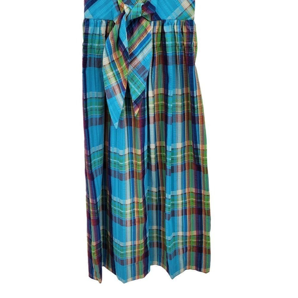 Vtg 70s Cottage Dopamine Rainbow Plaid Tie Waist Maxi Dress Sz M Textured Cotton - Picture 7 of 11